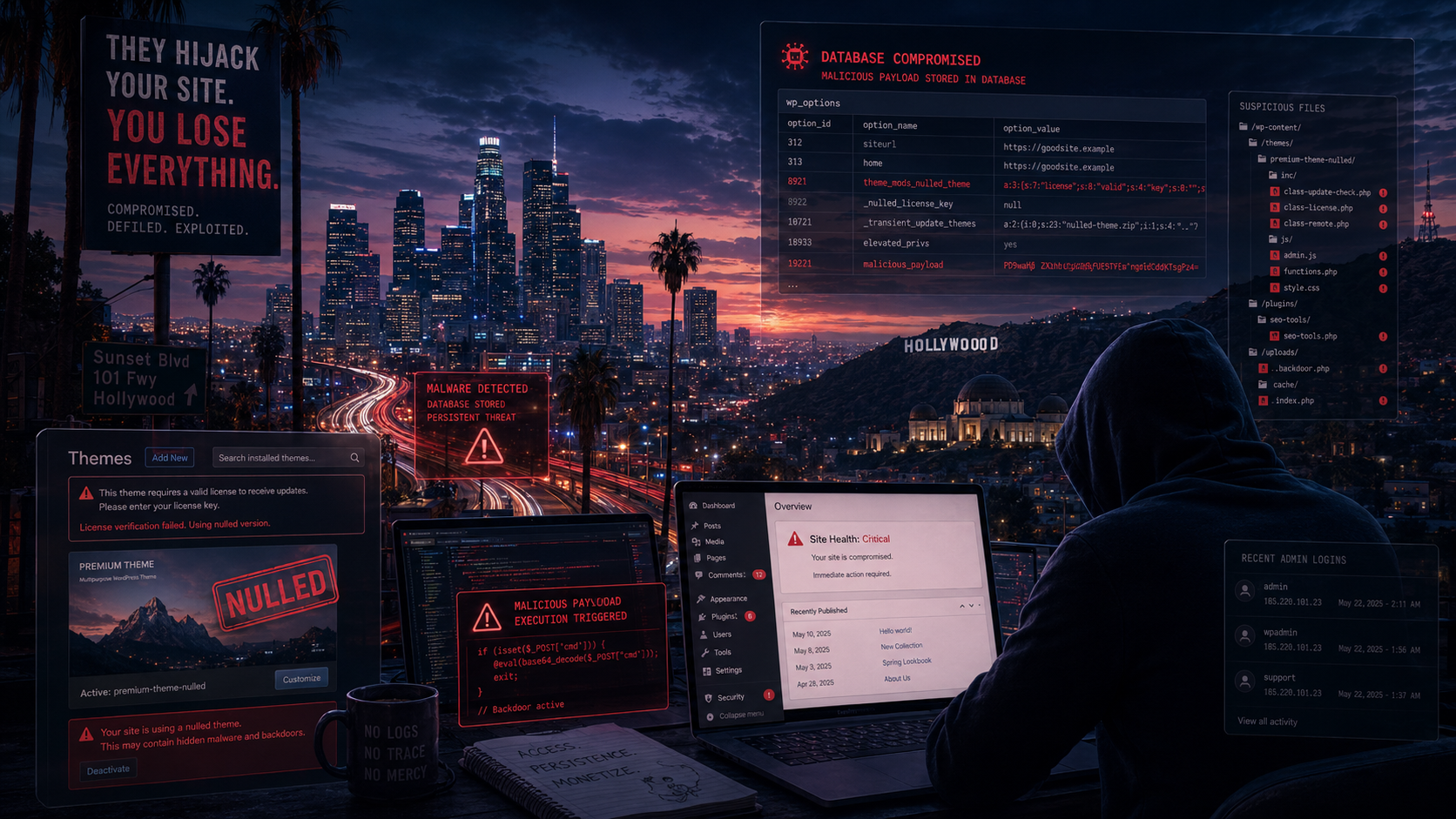 Hacked WordPress site in Los Angeles - nulled premium theme backdoor and database-stored malware