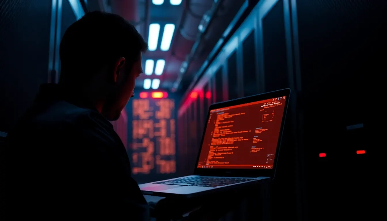 Administrator checking a laptop in a dim data center lit by red warning lights