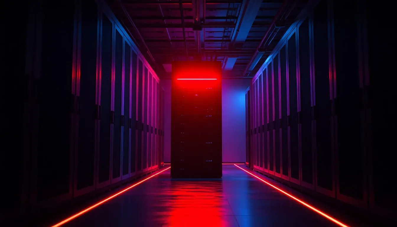 Dark server room aisle with a single rack glowing red at the far end