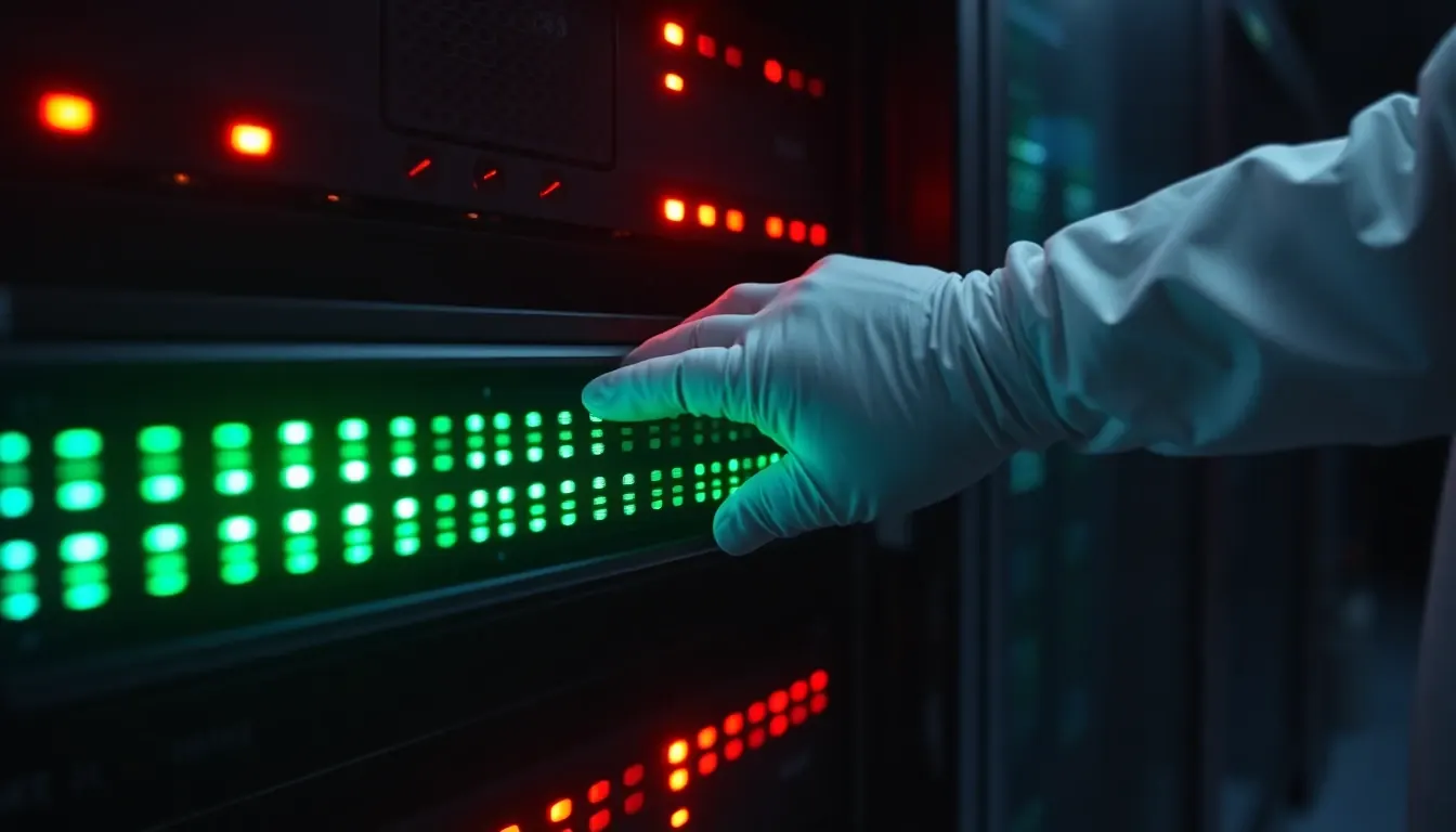 Technician sliding a green-lit server blade into a rack of red warning lights