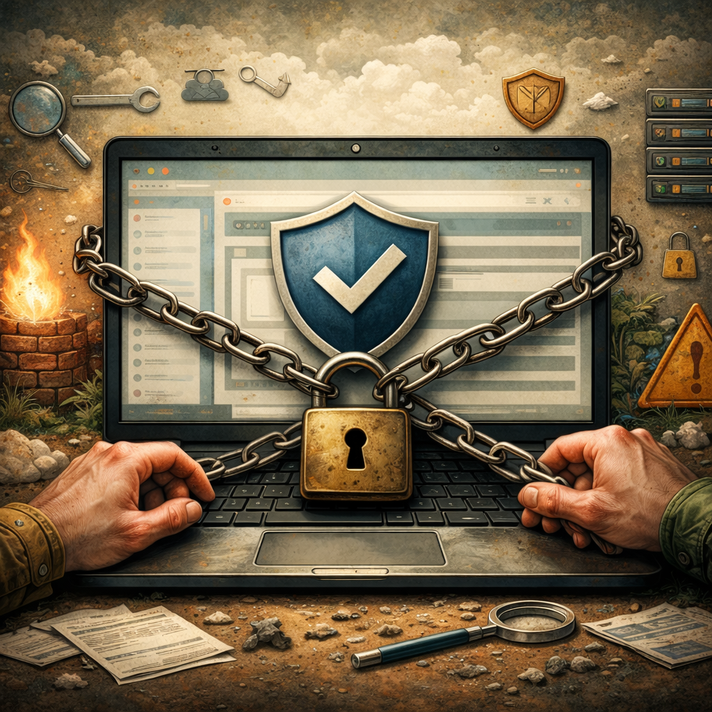 Editorial hero illustration that LITERALLY depicts the topic of an article titled "Preventing Future Hacks & Hardenin…