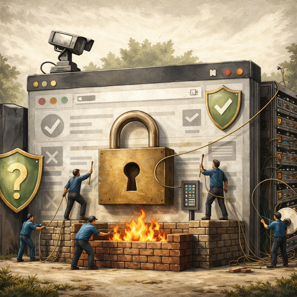 Editorial hero illustration that LITERALLY depicts the topic of an article titled "Preventing Future Hacks & Hardenin…