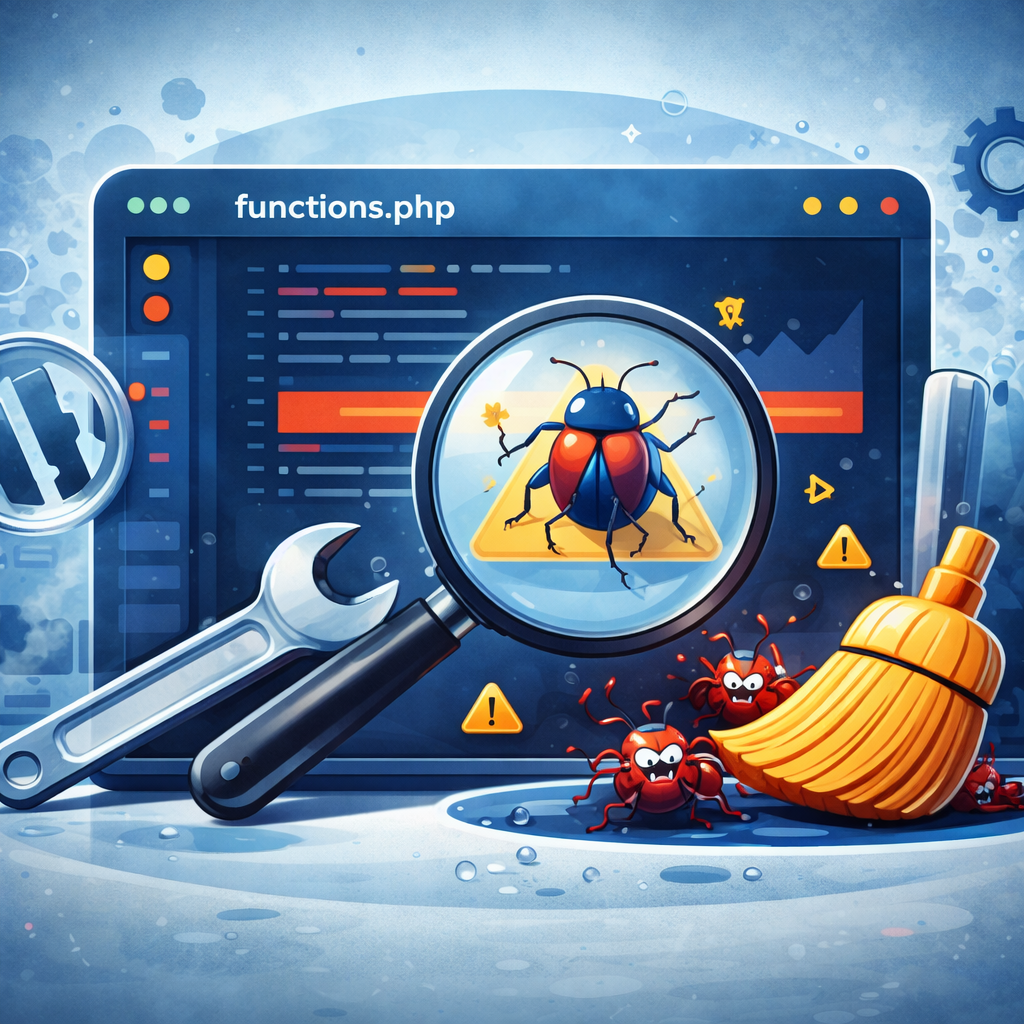Editorial hero illustration that LITERALLY depicts the topic of an article titled "Malicious Code in functions