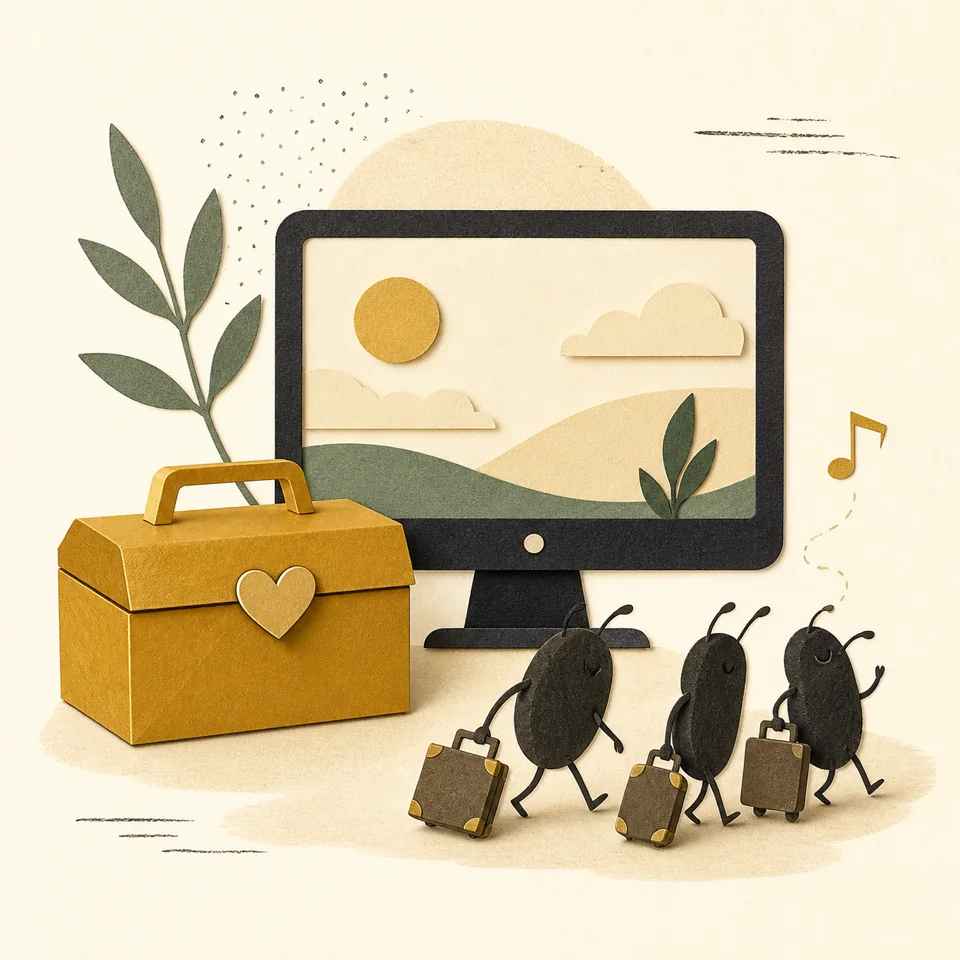 Paper collage of a golden toolbox and three harmless bugs leaving with suitcases