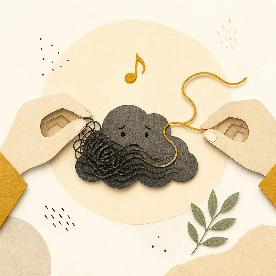 Paper collage of careful hands untangling a worried cloud into one calm golden line