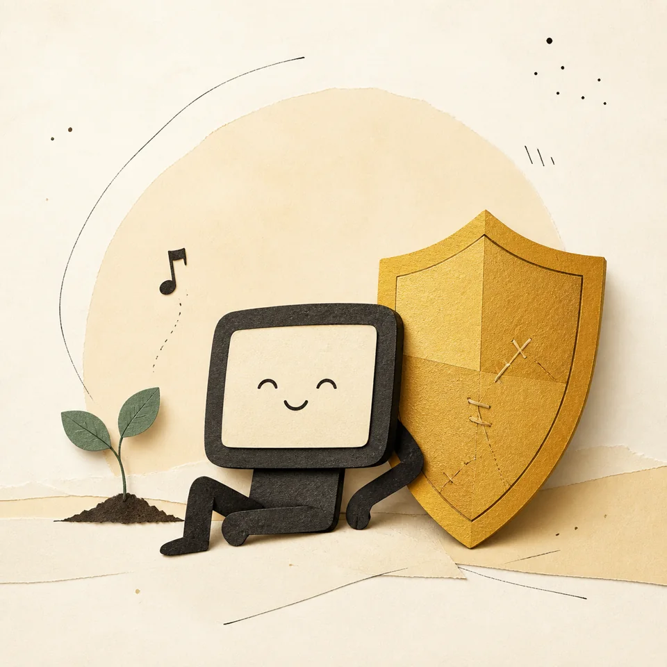 Paper collage of a happy computer resting beside a repaired golden shield